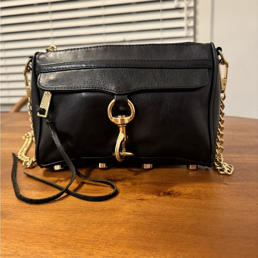 Rebecca Minkoff Mini M.A.C. Black Leather Crossbody with Gold Chain - Picture 2 of 6